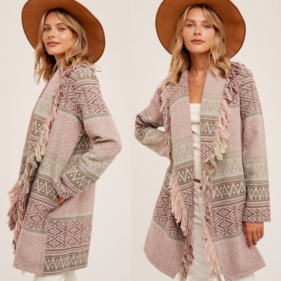 New Western Fringe Sweater Coat Southwest Boho Long Cardigan, Cowichan Vtg - Picture 1 of 10
